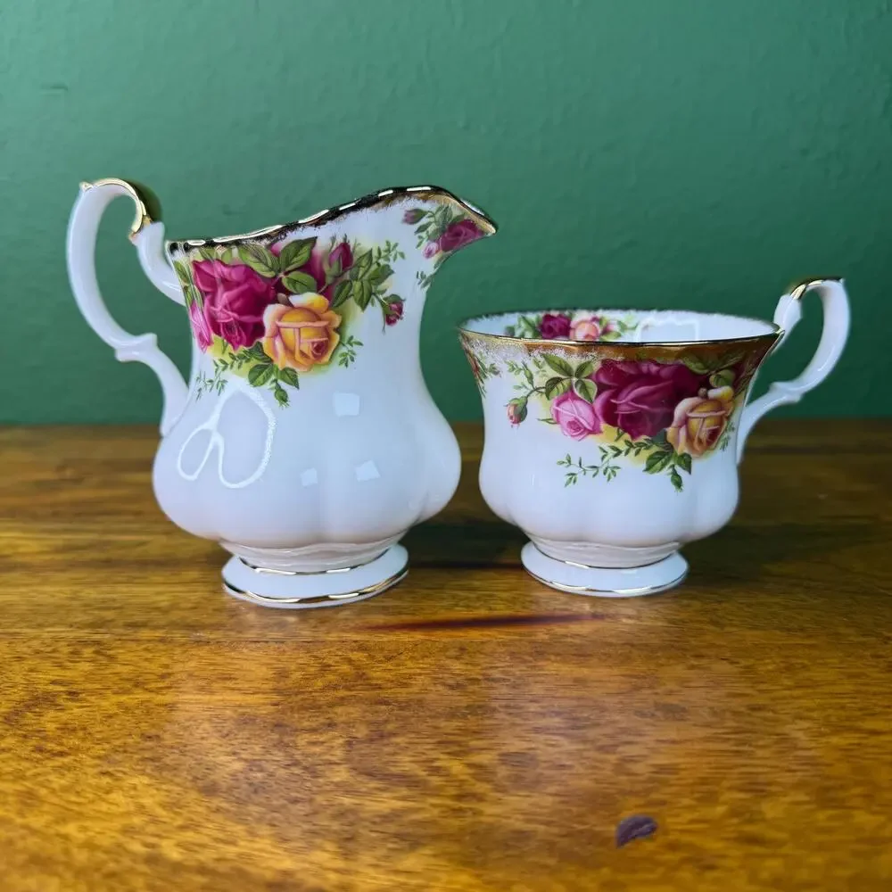 Vintage Royal Albert Creamer and Tea Cup Set England 1962 Gold Trim Bone China